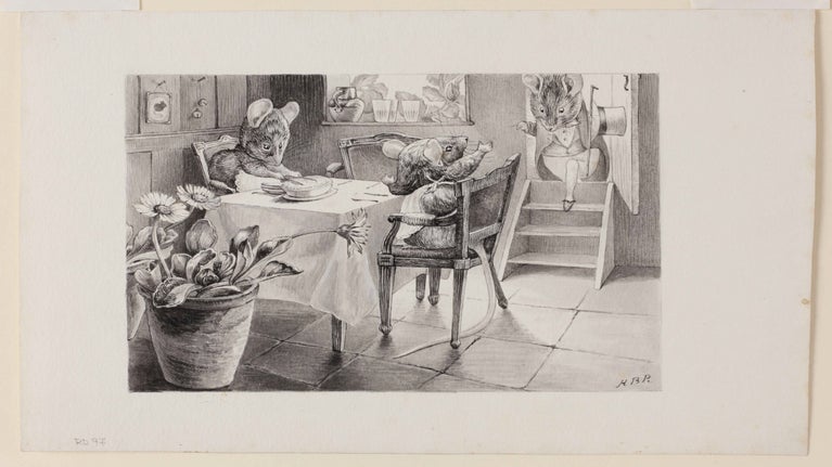 Character mouse in top hat coming through the door into a kitchen to join another two mice his family for dinner,